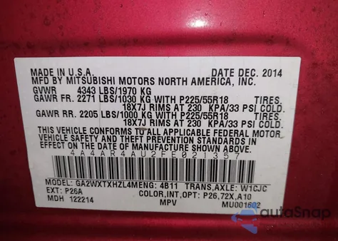 2015 Mitsubishi Outlander Sport Se z USA, uszkodzony, nr VIN 4A4AR4AU2FE021357